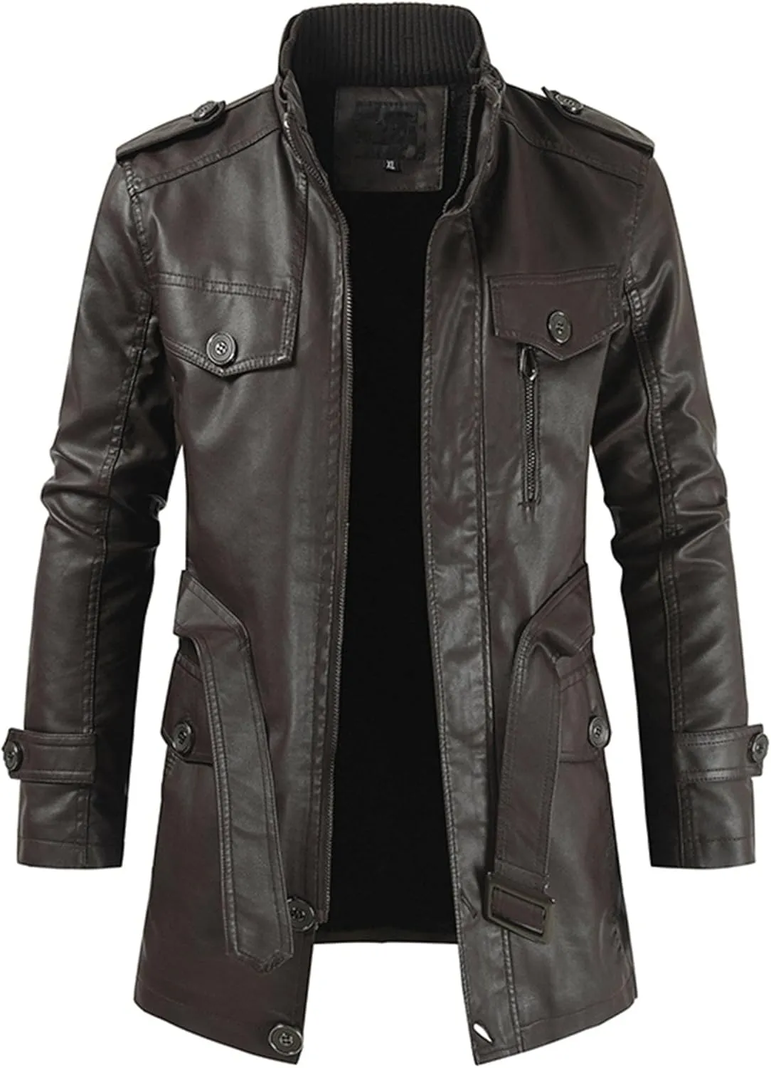 DGHM-JLMY Leather Coats For Men Fall Winter Style Long Leather Jacket Vintage Leisure Stand Collar Windbreaker Coat