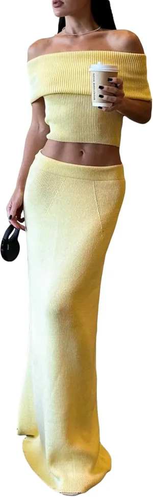 DINGANG 2 Piece Sweater Skirt Sets Womens Off Shoulder Crop Top Bodycon Maxi Knit Ribbed Skirt Holiday Outfits