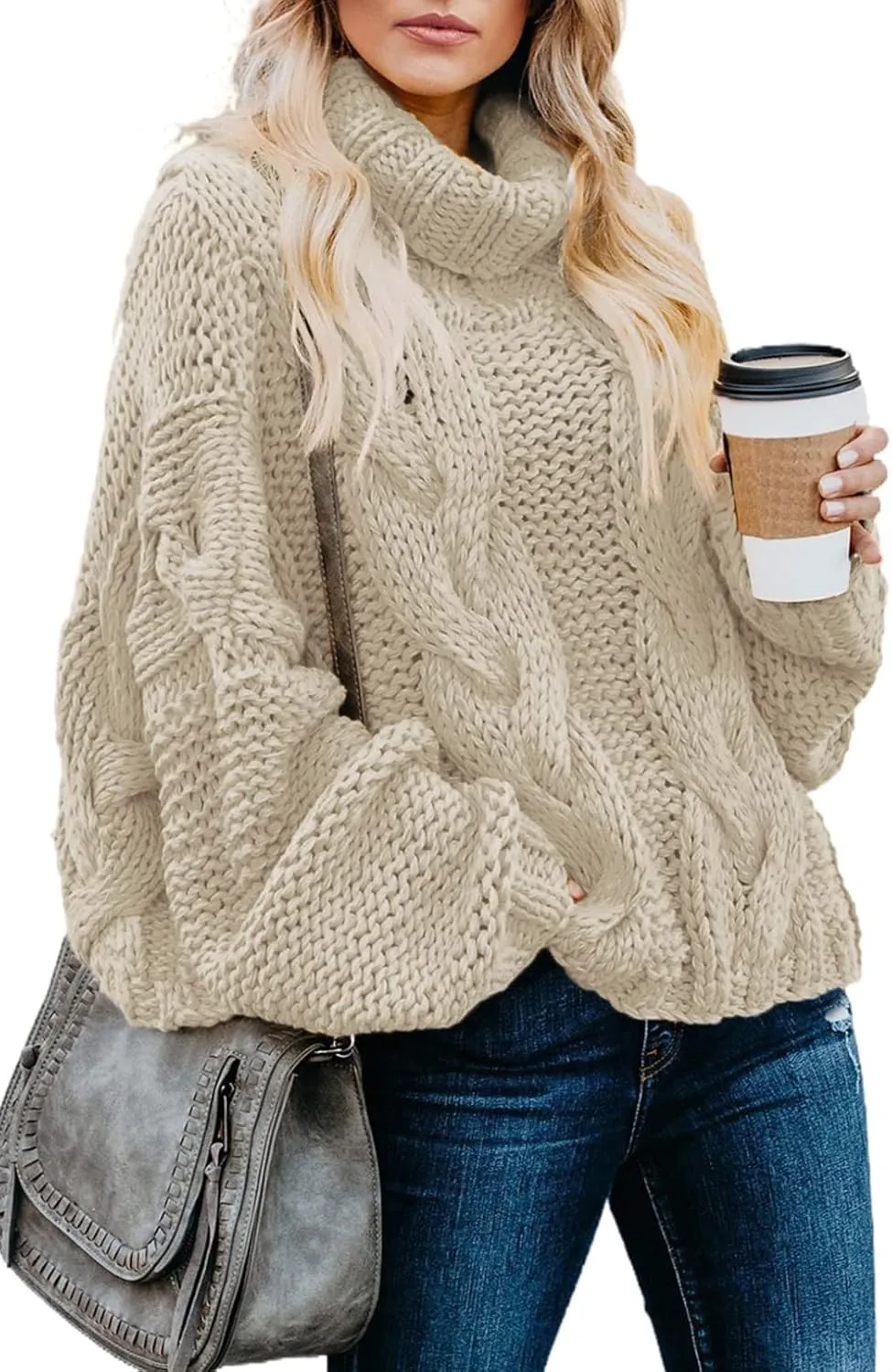 Dokotoo Womens 2024 Winter Fall Solid Turtleneck High Neck Balloon Long Sleeve Sweaters Pullover Outerwear