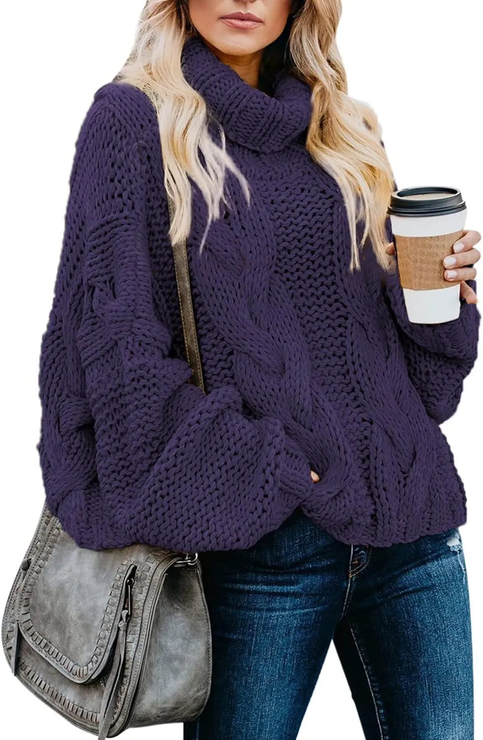 Dokotoo Womens 2024 Winter Fall Solid Turtleneck High Neck Balloon Long Sleeve Sweaters Pullover Outerwear