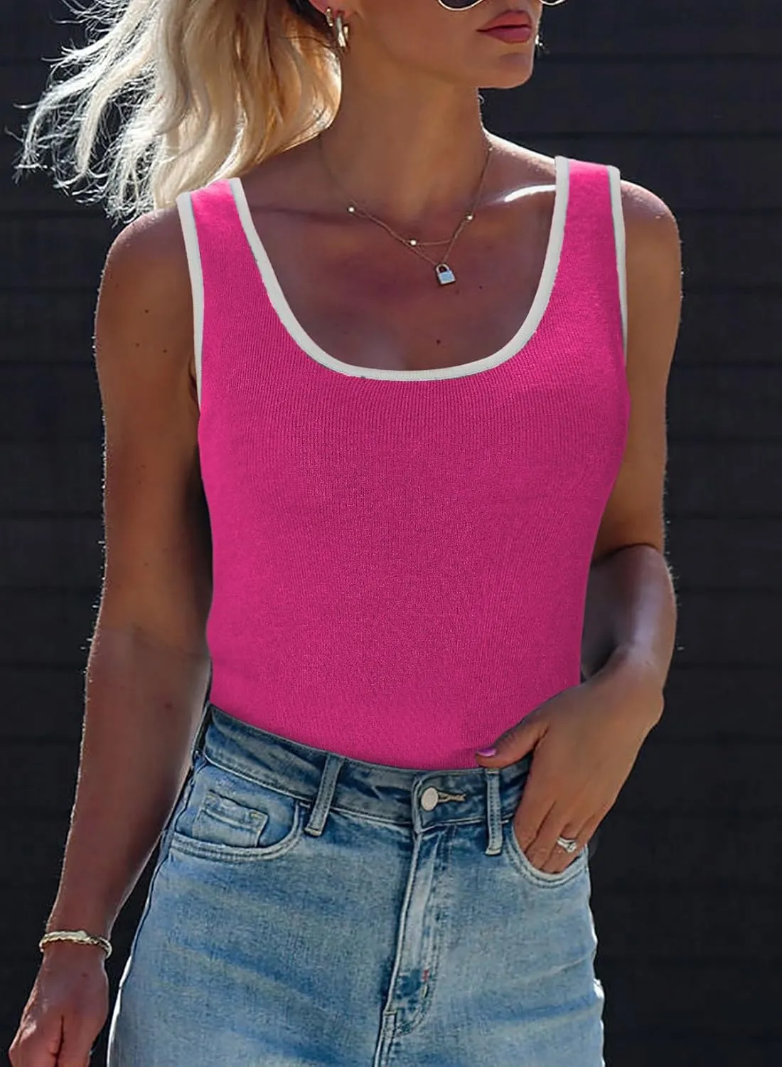 Dokotoo Womens Tank Tops 2025 Summer Casual Sleeveless Scoop Neck Ribbed Knit Color Block Slim Fitted Cami Tee Shirts