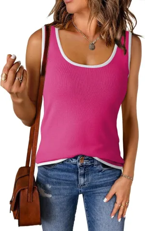 Dokotoo Womens Tank Tops 2025 Summer Casual Sleeveless Scoop Neck Ribbed Knit Color Block Slim Fitted Cami Tee Shirts