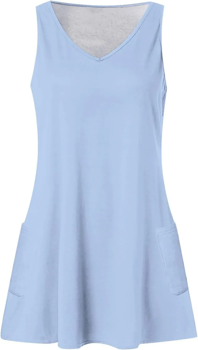 DOPOCQ Summer Dresses for Women 2024 Sexy V Neck Sleeveless Boho Beach Dress Casual Plus Size Solid Color Tank Mini Dresses
