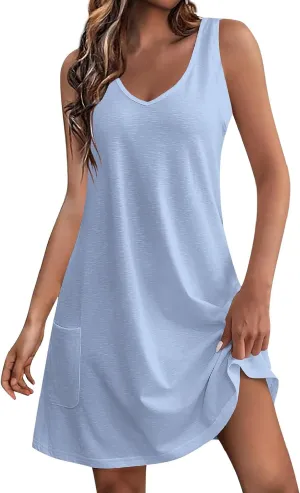 DOPOCQ Summer Dresses for Women 2024 Sexy V Neck Sleeveless Boho Beach Dress Casual Plus Size Solid Color Tank Mini Dresses