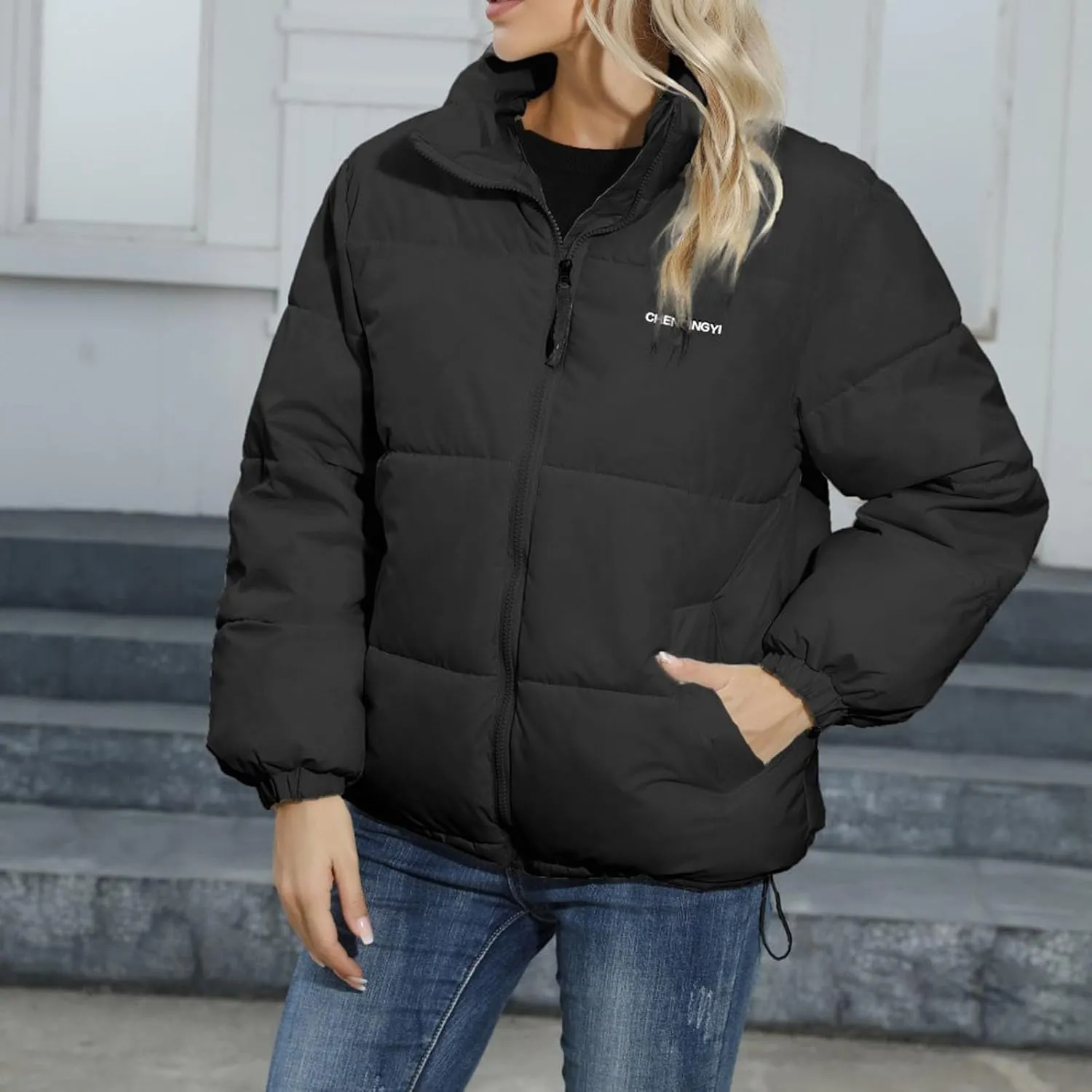 Down Jackets for Women Winter Solid Color Long Sleeve Stand Collar Padded Jacket Loose Fit Lightweight Warm Coats
