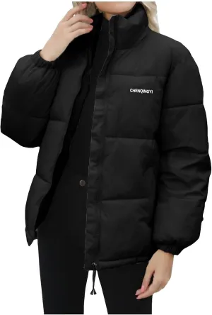 Down Jackets for Women Winter Solid Color Long Sleeve Stand Collar Padded Jacket Loose Fit Lightweight Warm Coats