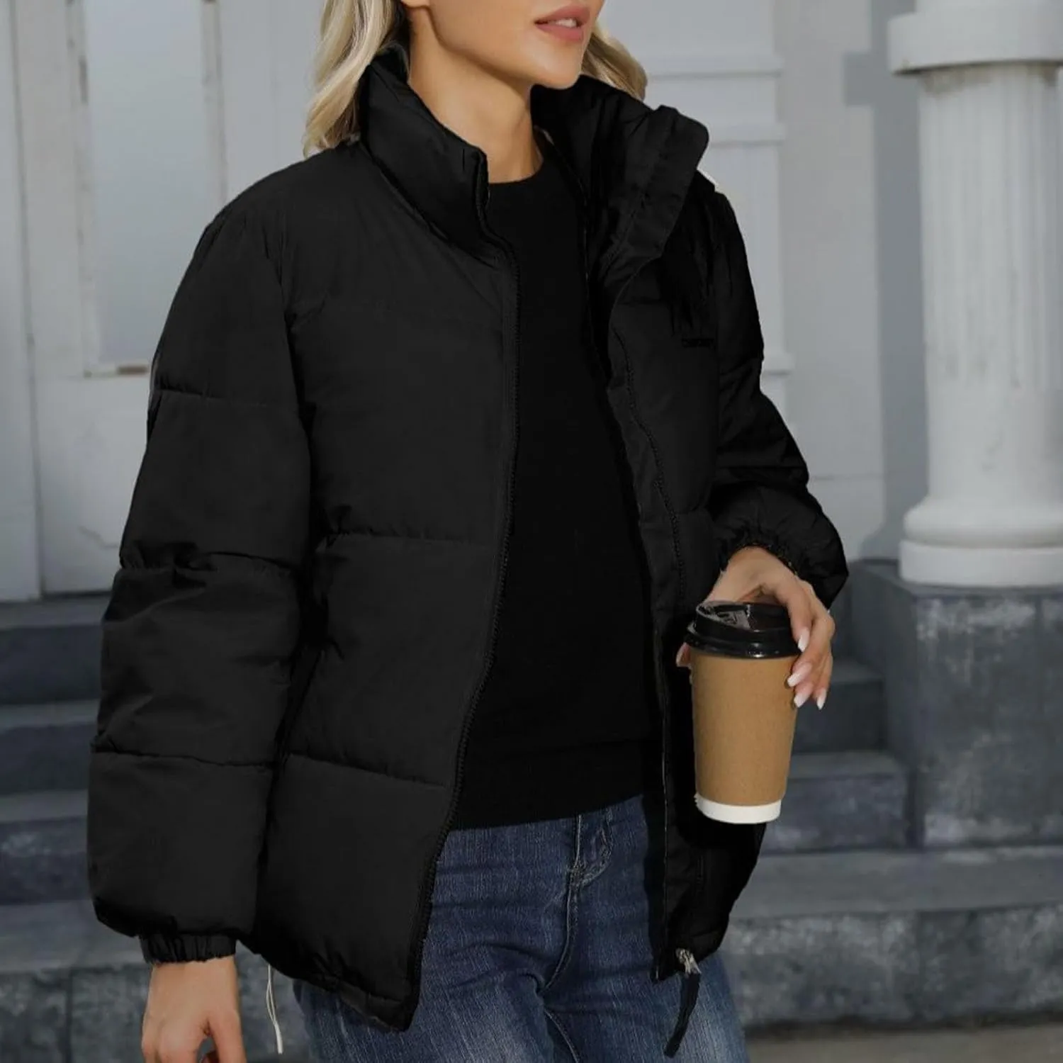 Down Jackets for Women Winter Solid Color Long Sleeve Stand Collar Padded Jacket Loose Fit Lightweight Warm Coats