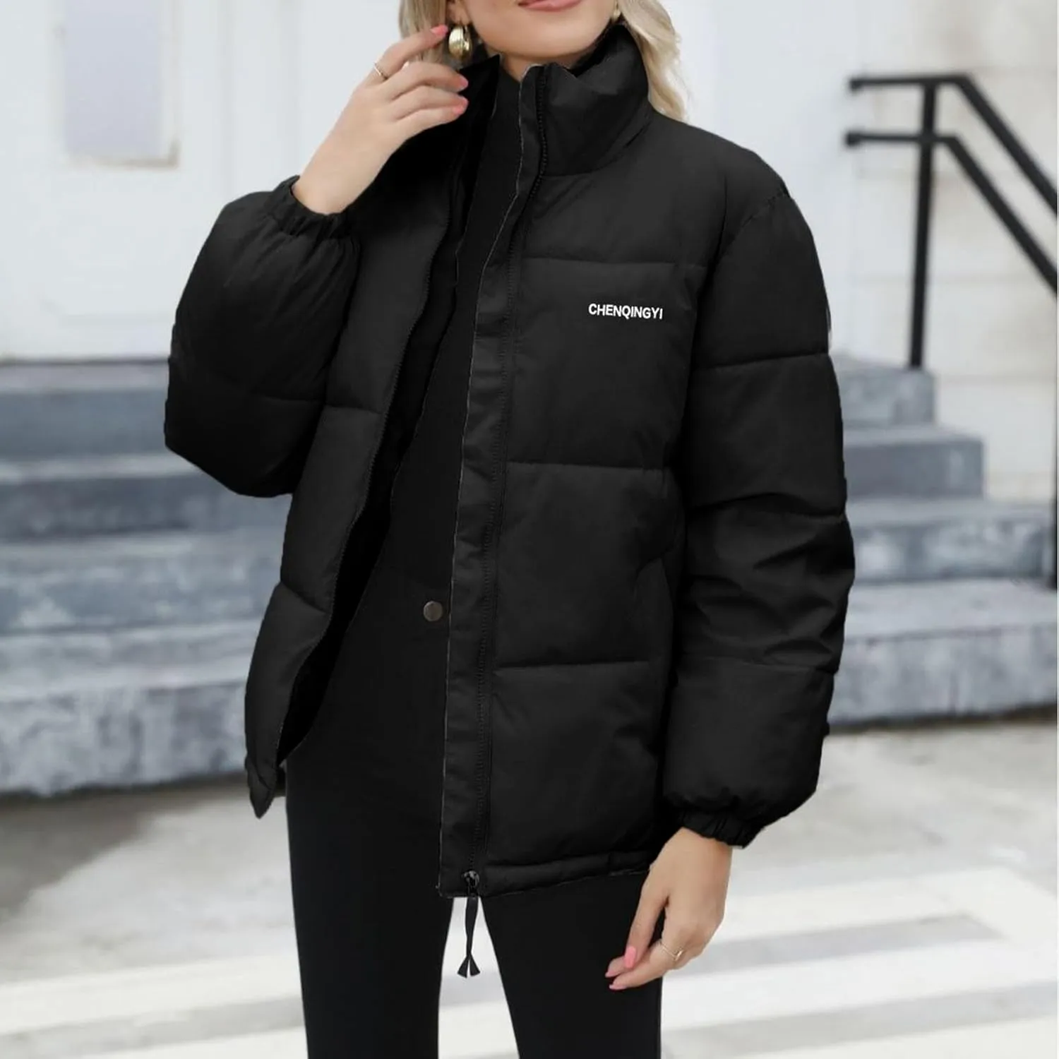 Down Jackets for Women Winter Solid Color Long Sleeve Stand Collar Padded Jacket Loose Fit Lightweight Warm Coats