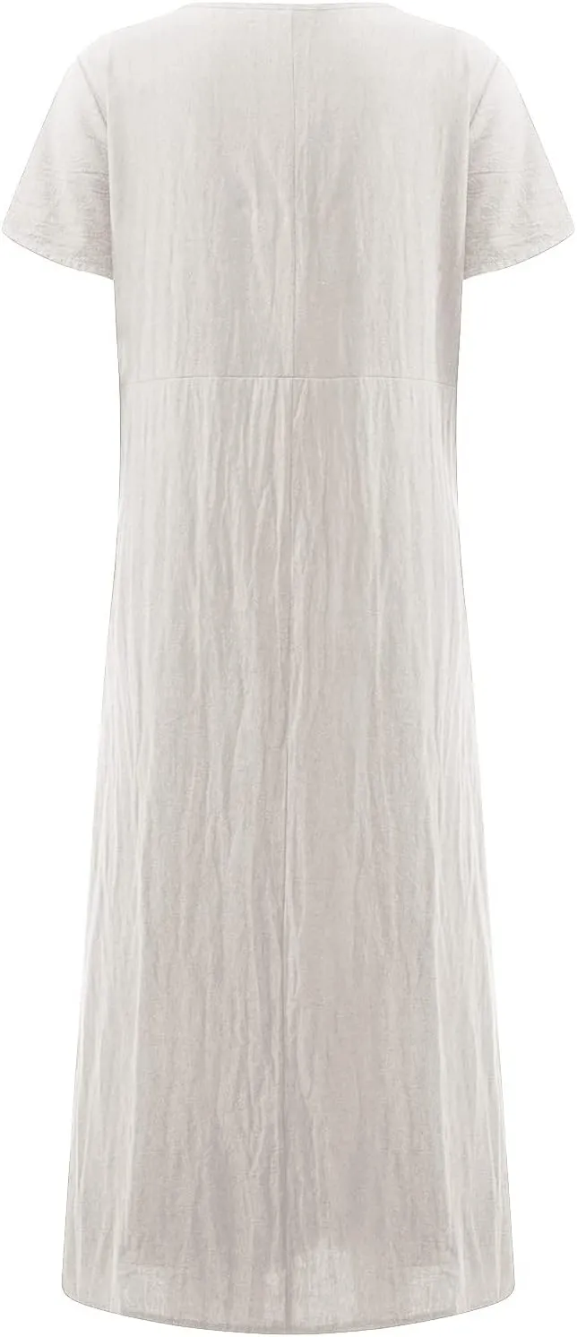 Dresses for Women 2025 Summer Cotton Linen Solid Gauze Dress Loose Casual Beach Vacation Flowy Midi Dress with Pockets