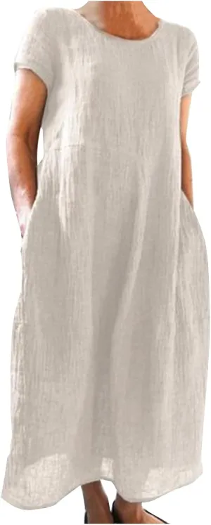Dresses for Women 2025 Summer Cotton Linen Solid Gauze Dress Loose Casual Beach Vacation Flowy Midi Dress with Pockets