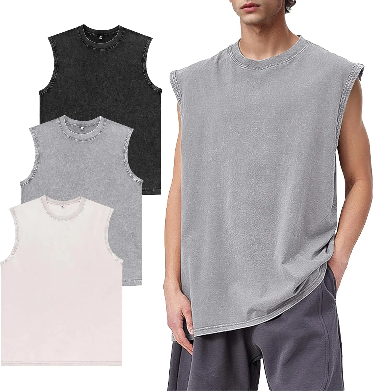 Eisctnd 3 Pack Men's Cotton Sleeveless Muscle Tank Tops Vintage Acid Wash Cutoff Loose Workout Tee Shirts Running