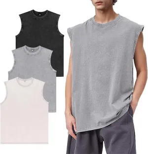 Eisctnd 3 Pack Men's Cotton Sleeveless Muscle Tank Tops Vintage Acid Wash Cutoff Loose Workout Tee Shirts Running