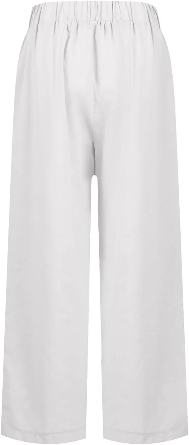 Elastic Waist Linen Pants Women Cropped Wide Leg Plus Size Crop Pants Lightweight Summer Beach Trousers with Pockets