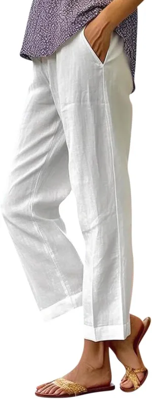 Elastic Waist Linen Pants Women Cropped Wide Leg Plus Size Crop Pants Lightweight Summer Beach Trousers with Pockets