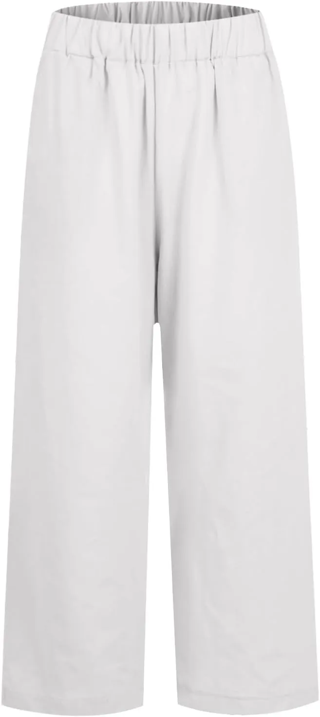 Elastic Waist Linen Pants Women Cropped Wide Leg Plus Size Crop Pants Lightweight Summer Beach Trousers with Pockets