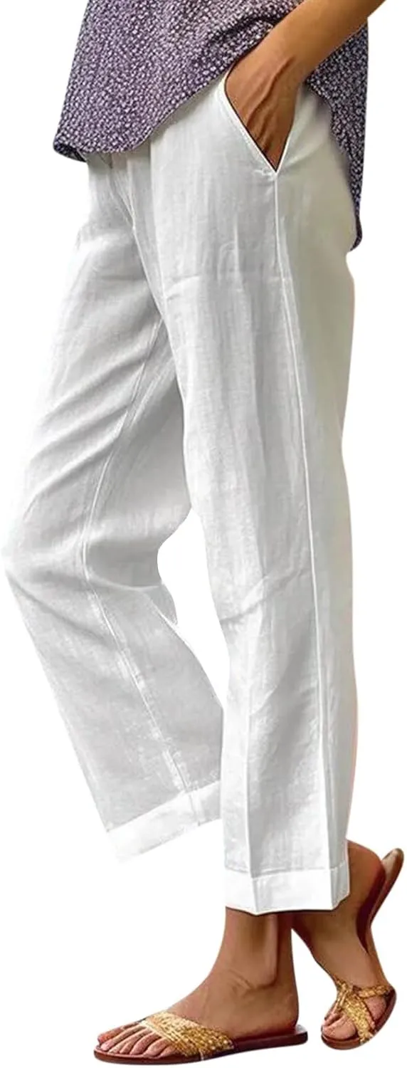 Elastic Waist Linen Pants Women Cropped Wide Leg Plus Size Crop Pants Lightweight Summer Beach Trousers with Pockets
