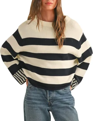 Esmeling Women's Casual Loose Striped Sweater Fall Long Sleeve Crew Neck Knitted Pullover Tops