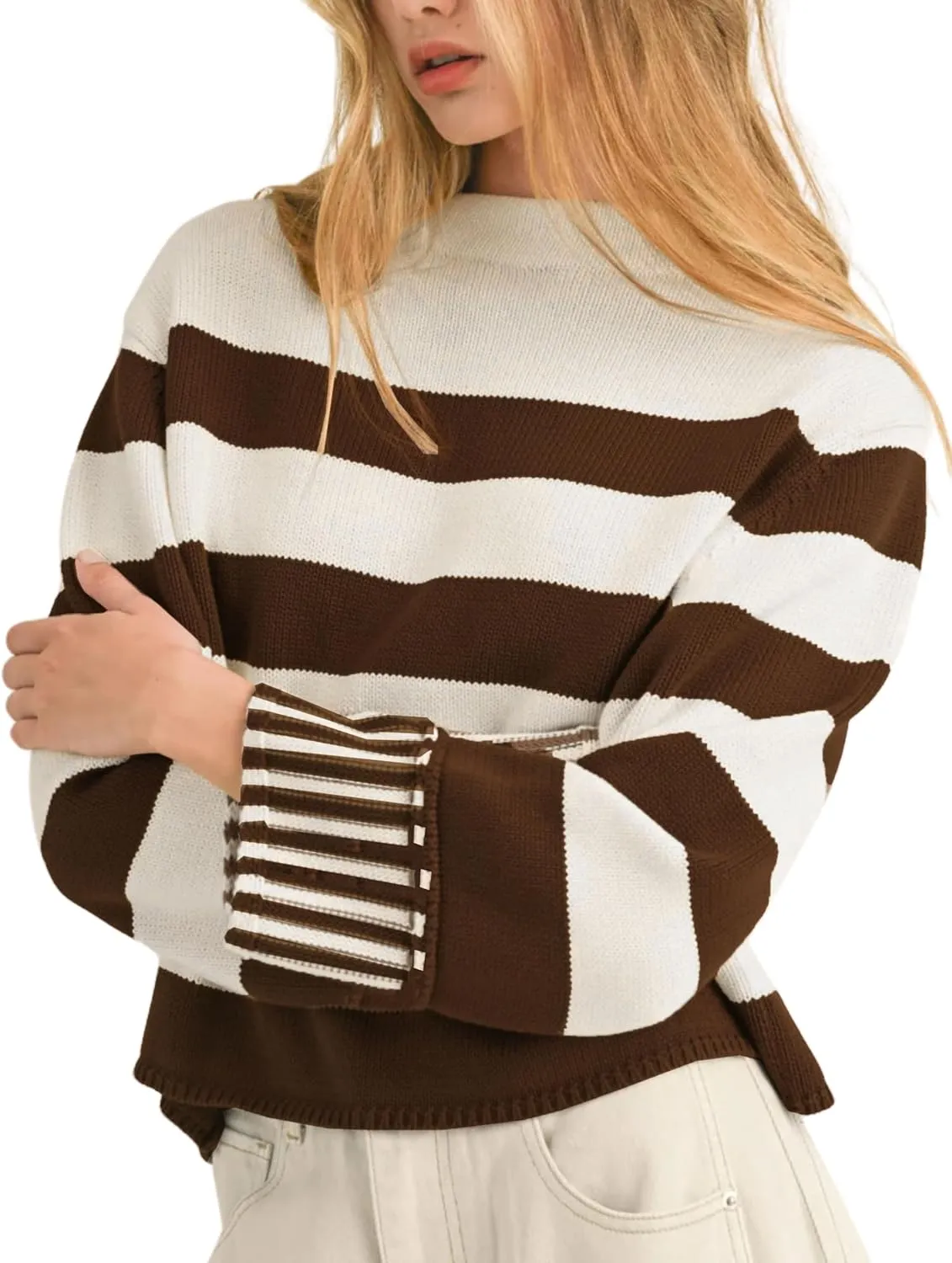 Esmeling Women's Casual Loose Striped Sweater Fall Long Sleeve Crew Neck Knitted Pullover Tops
