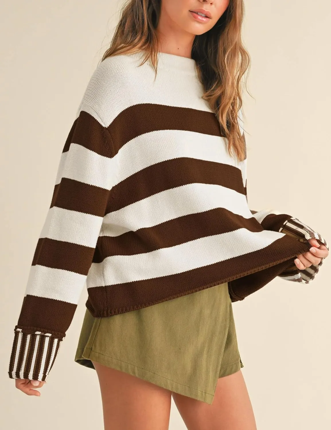 Esmeling Women's Casual Loose Striped Sweater Fall Long Sleeve Crew Neck Knitted Pullover Tops