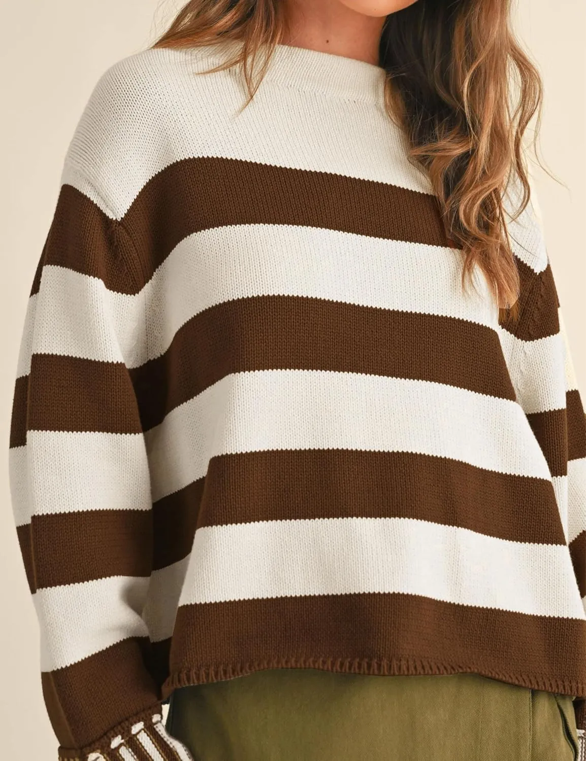 Esmeling Women's Casual Loose Striped Sweater Fall Long Sleeve Crew Neck Knitted Pullover Tops