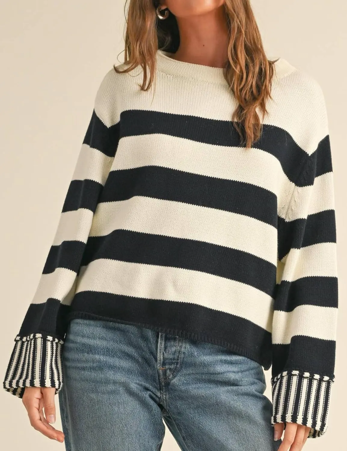 Esmeling Women's Casual Loose Striped Sweater Fall Long Sleeve Crew Neck Knitted Pullover Tops