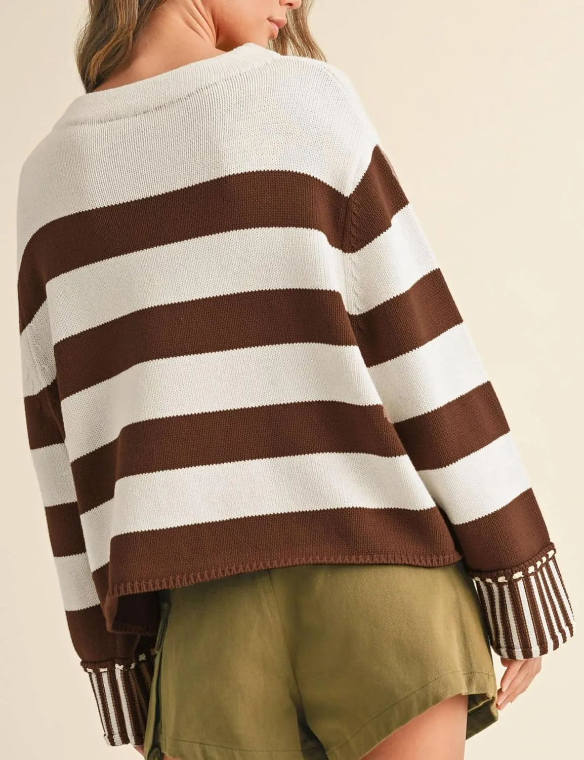 Esmeling Women's Casual Loose Striped Sweater Fall Long Sleeve Crew Neck Knitted Pullover Tops