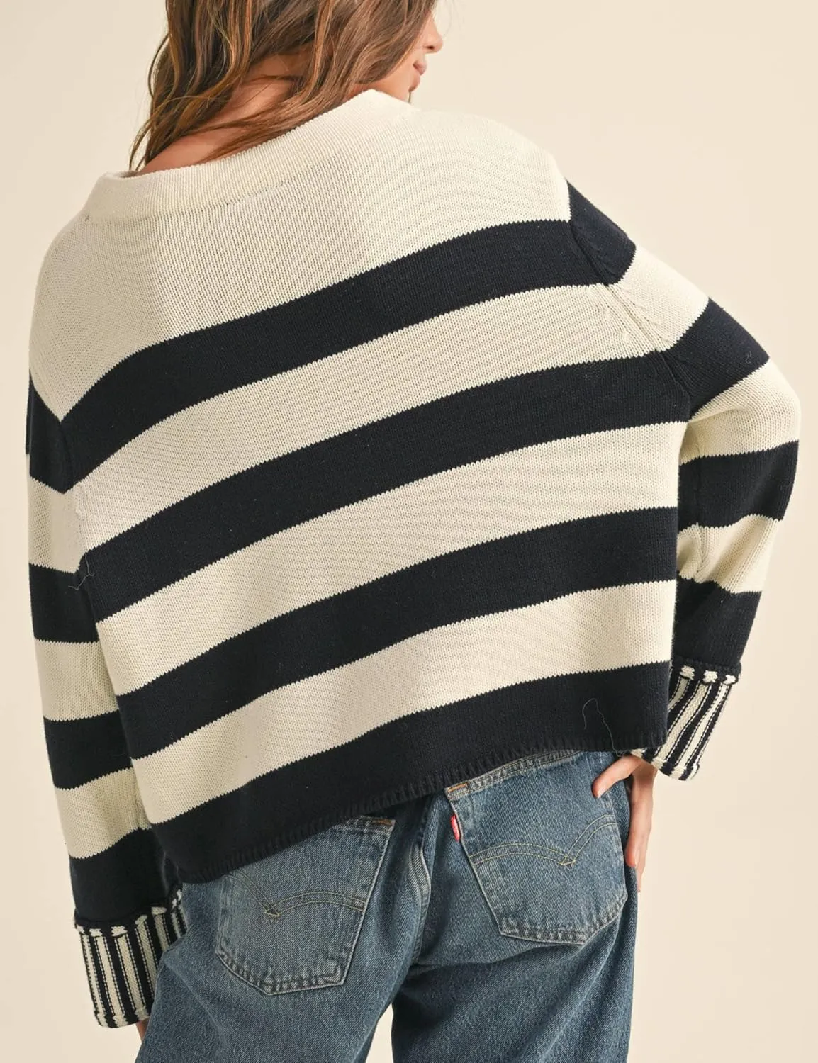 Esmeling Women's Casual Loose Striped Sweater Fall Long Sleeve Crew Neck Knitted Pullover Tops