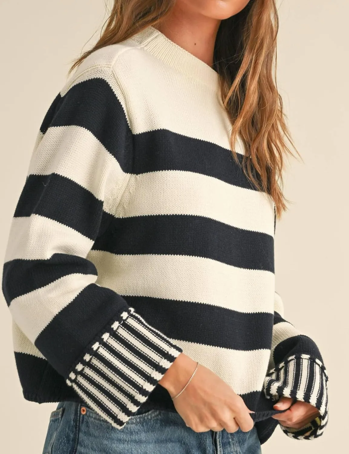 Esmeling Women's Casual Loose Striped Sweater Fall Long Sleeve Crew Neck Knitted Pullover Tops