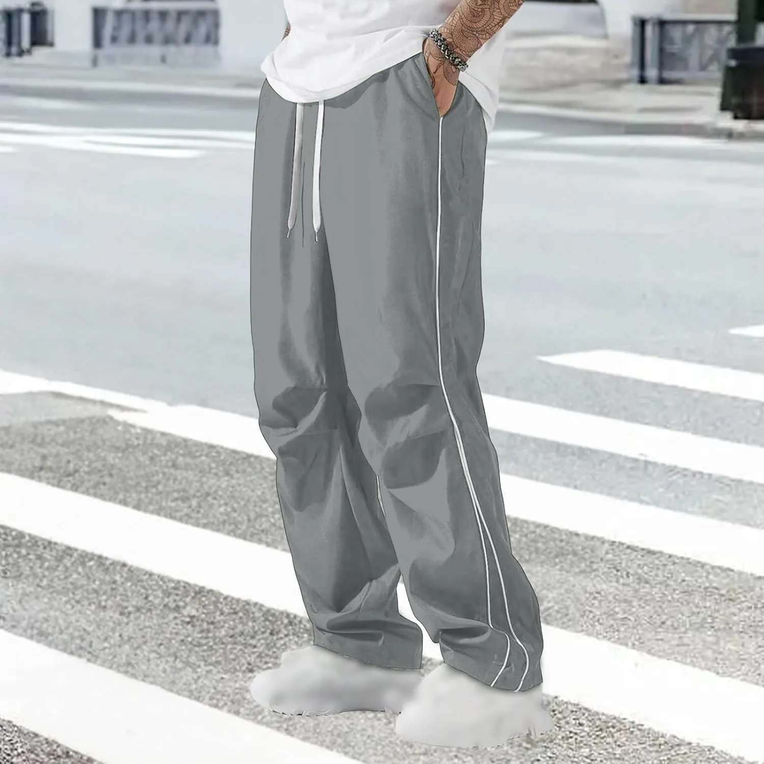 evzosrz Men's Parachute Sweatpants Y2k Summer Side Stripes Baggy Track Pants 2025 Casual Quick Dry Sports Trousers Streetwear
