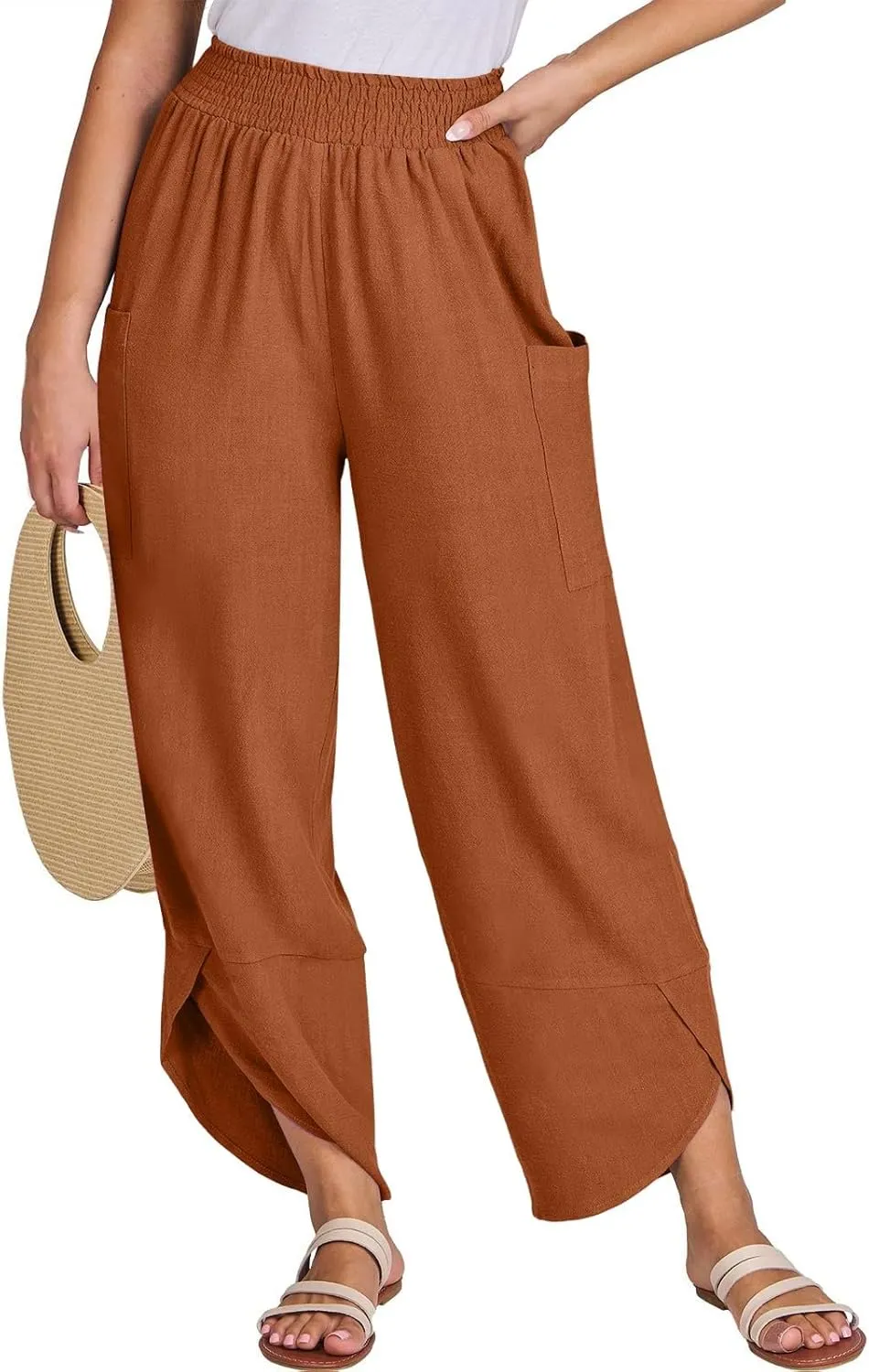 fanmpghleoo Harem Pants Women Cropped Wide Leg Linen Pants Summer Smocked Elastic Waist Yoga Pull On Capris with Pockets