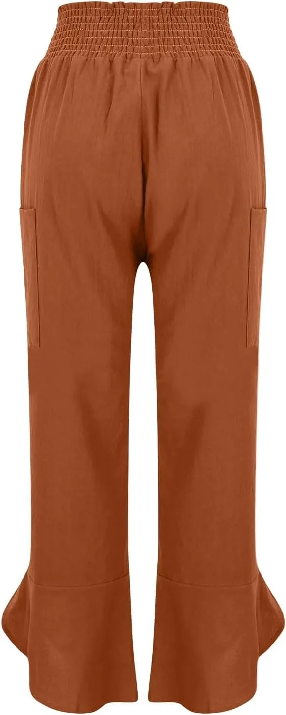 fanmpghleoo Harem Pants Women Cropped Wide Leg Linen Pants Summer Smocked Elastic Waist Yoga Pull On Capris with Pockets