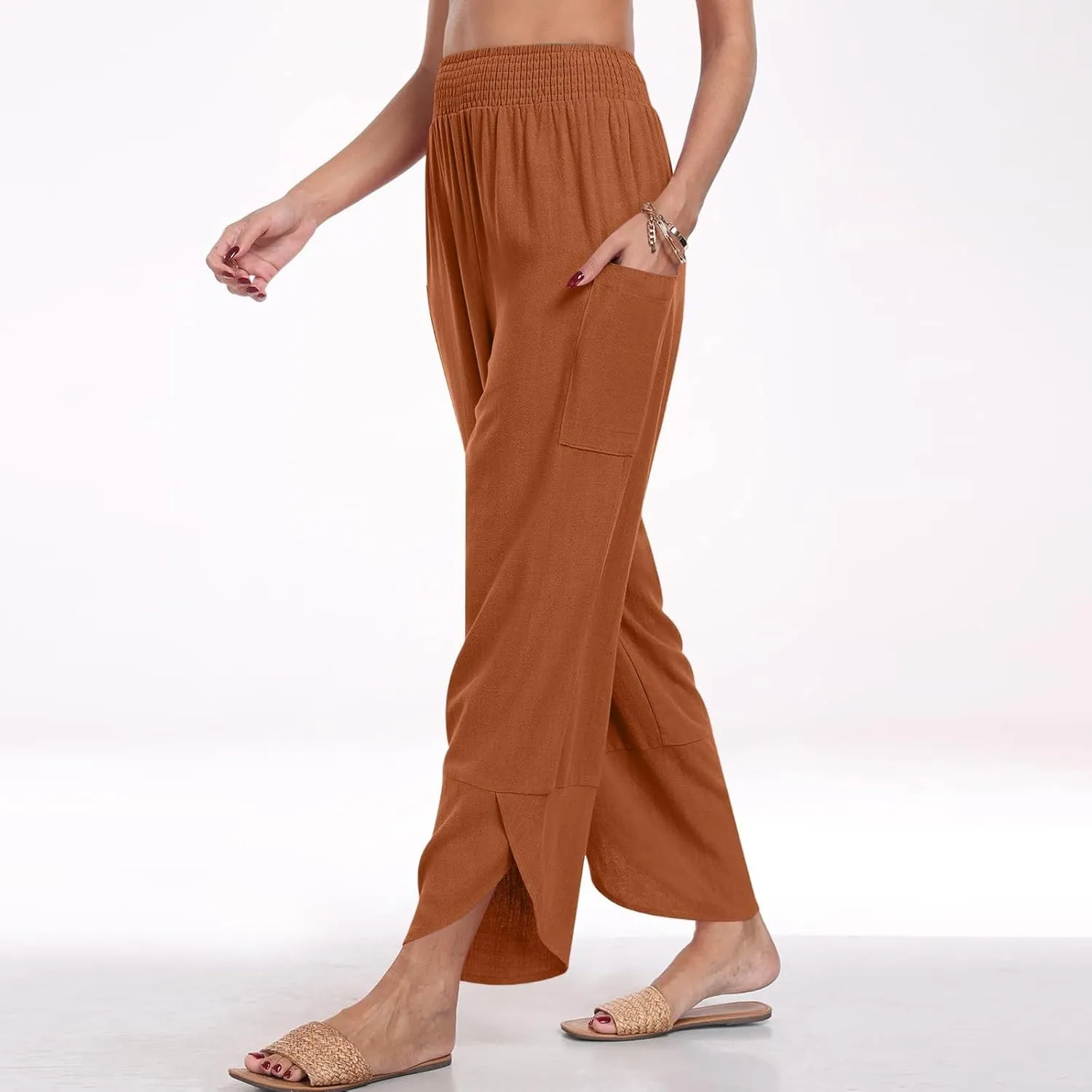 fanmpghleoo Harem Pants Women Cropped Wide Leg Linen Pants Summer Smocked Elastic Waist Yoga Pull On Capris with Pockets