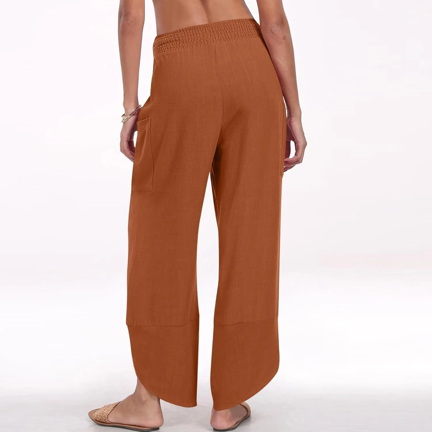 fanmpghleoo Harem Pants Women Cropped Wide Leg Linen Pants Summer Smocked Elastic Waist Yoga Pull On Capris with Pockets