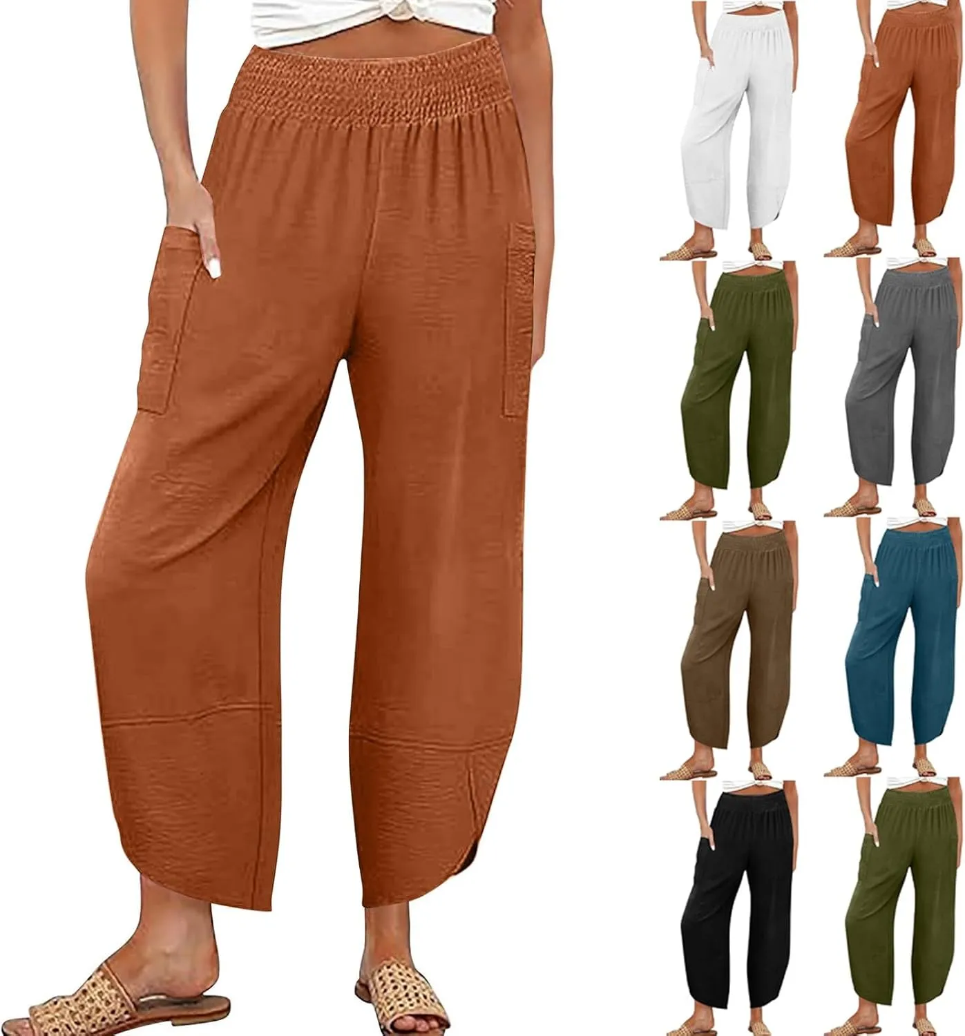 fanmpghleoo Harem Pants Women Cropped Wide Leg Linen Pants Summer Smocked Elastic Waist Yoga Pull On Capris with Pockets