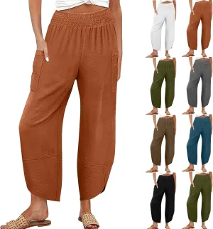fanmpghleoo Harem Pants Women Cropped Wide Leg Linen Pants Summer Smocked Elastic Waist Yoga Pull On Capris with Pockets