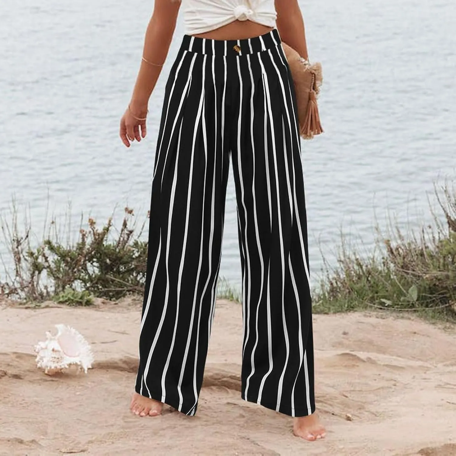 fanmpghleoo Striped Linen Pants Women Dressy Boho Linen Palazzo Pants Casual Business High Waisted Linen Trousers Pants 2025