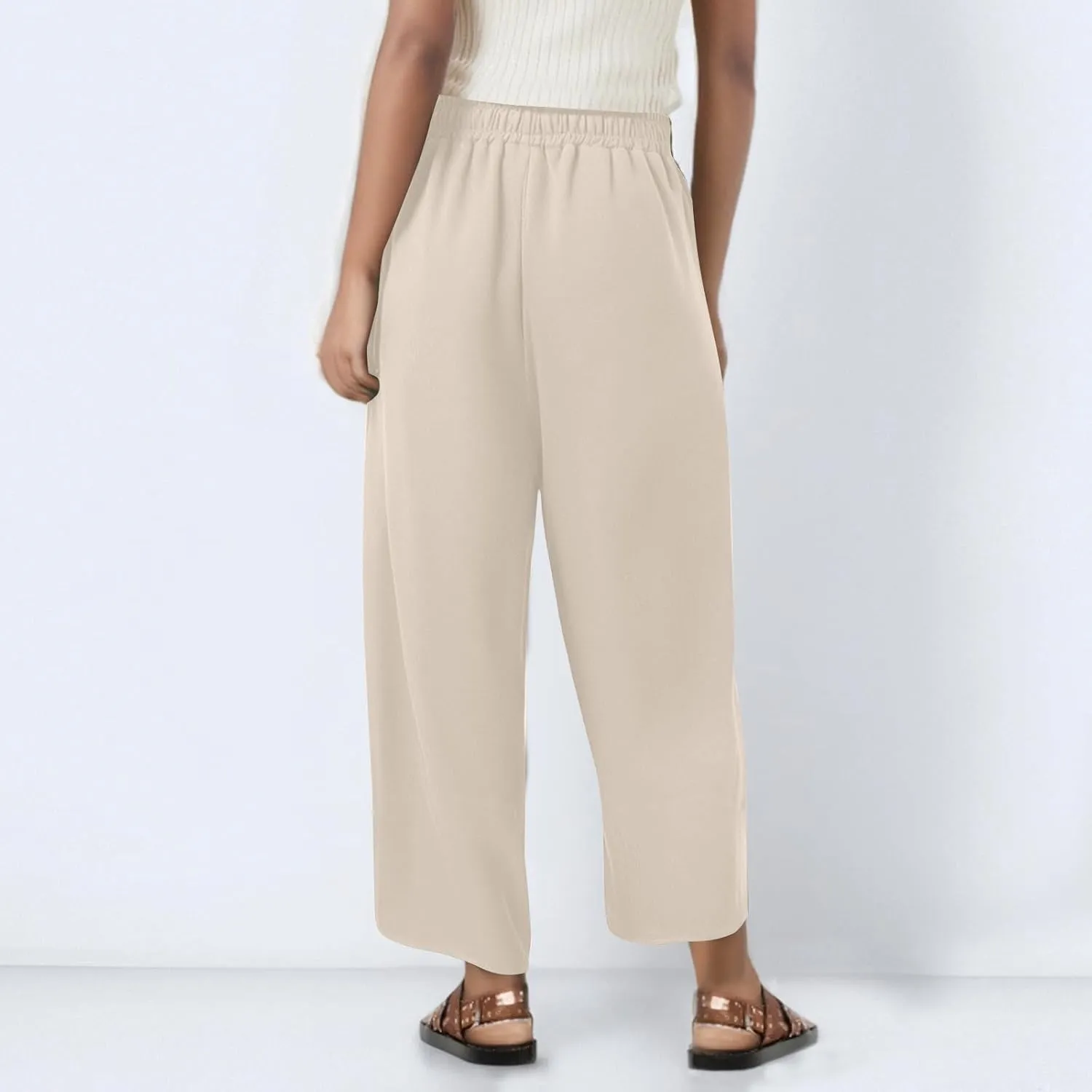 fanmpghleoo Wide Leg Linen Pants for Women Cropped High Waisted Linen Pants Women Summer Casual Pull On Capris with Pockets