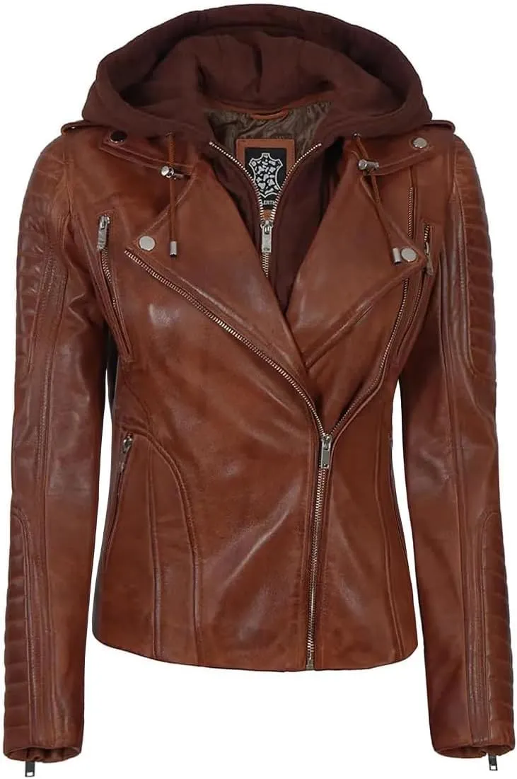 fjackets Leather Jackets For Women - Removable Hood & Bomber Real Lambskin Leather Jacket Womens