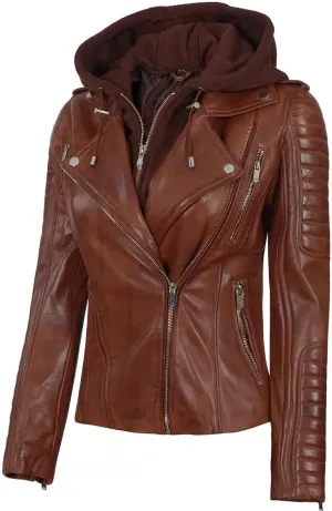 fjackets Leather Jackets For Women - Removable Hood & Bomber Real Lambskin Leather Jacket Womens