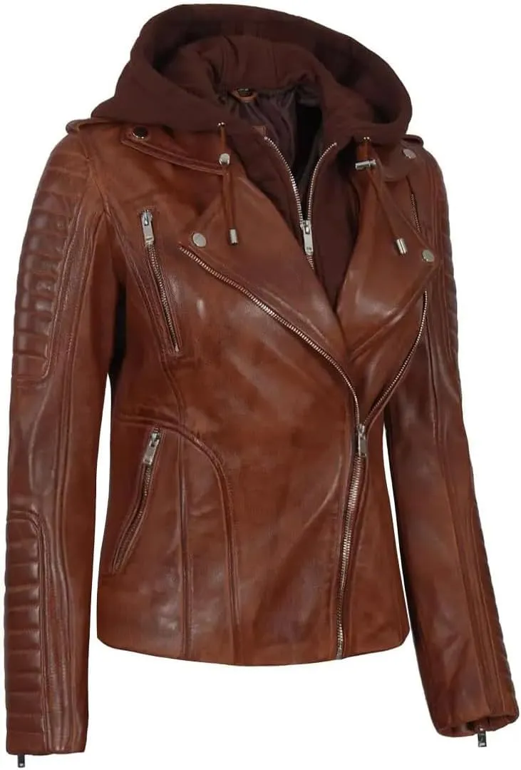 fjackets Leather Jackets For Women - Removable Hood & Bomber Real Lambskin Leather Jacket Womens