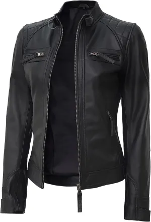 fjackets Real Leather Jacket Women - Cafe Racer Natural Grain Stand Collar Womens Leather Jackets