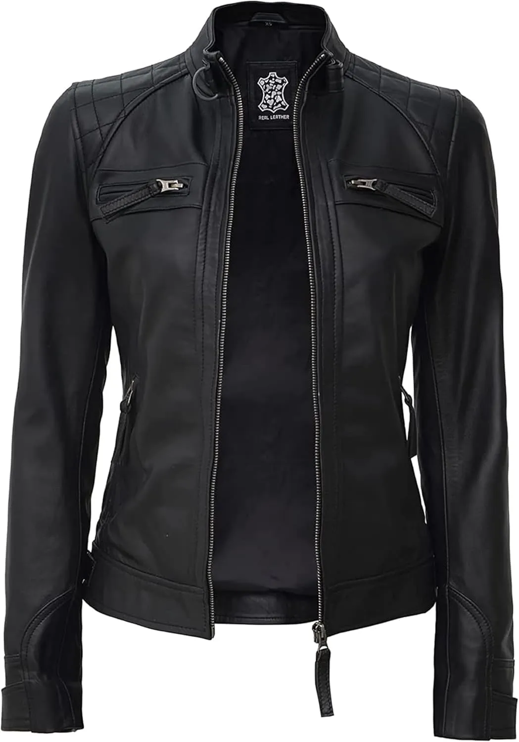 fjackets Real Leather Jacket Women - Cafe Racer Natural Grain Stand Collar Womens Leather Jackets
