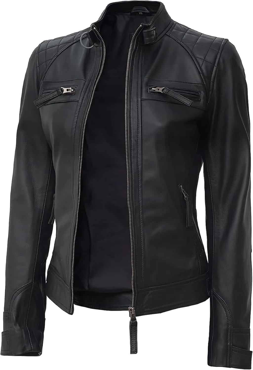 fjackets Real Leather Jacket Women - Cafe Racer Natural Grain Stand Collar Womens Leather Jackets