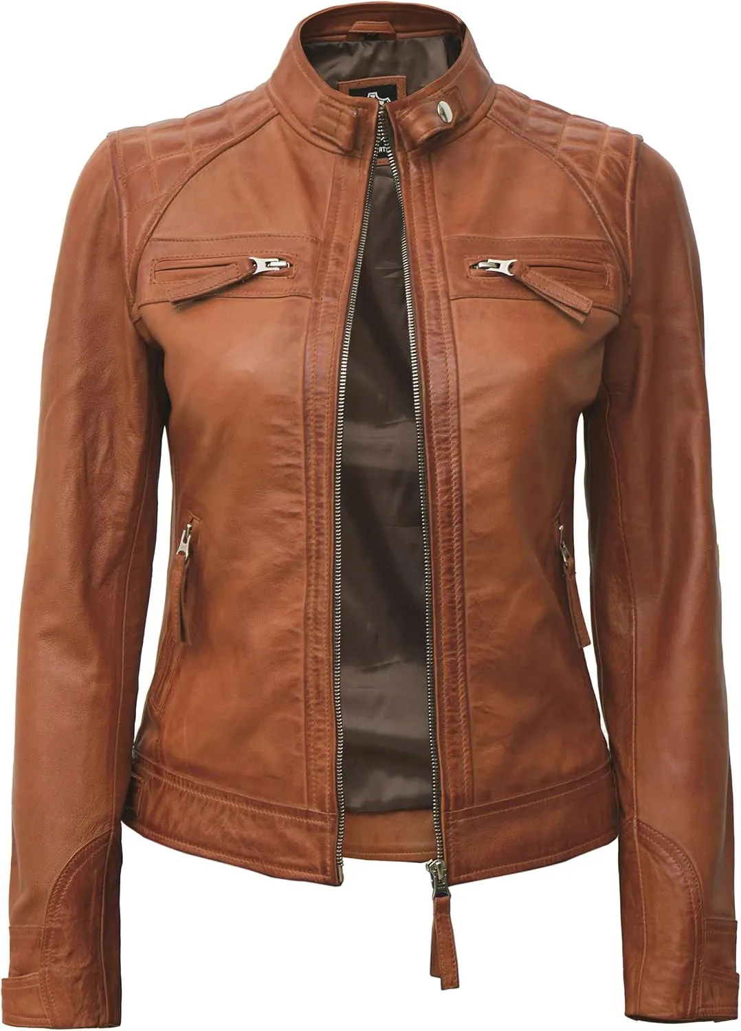 fjackets Real Leather Jacket Women - Cafe Racer Natural Grain Stand Collar Womens Leather Jackets