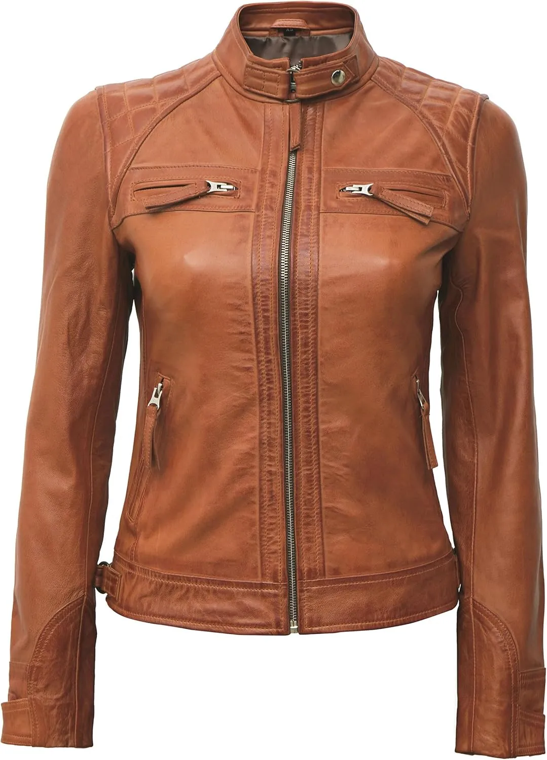 fjackets Real Leather Jacket Women - Cafe Racer Natural Grain Stand Collar Womens Leather Jackets