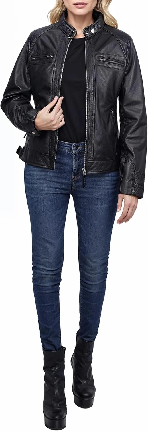 fjackets Real Leather Jacket Women - Cafe Racer Natural Grain Stand Collar Womens Leather Jackets