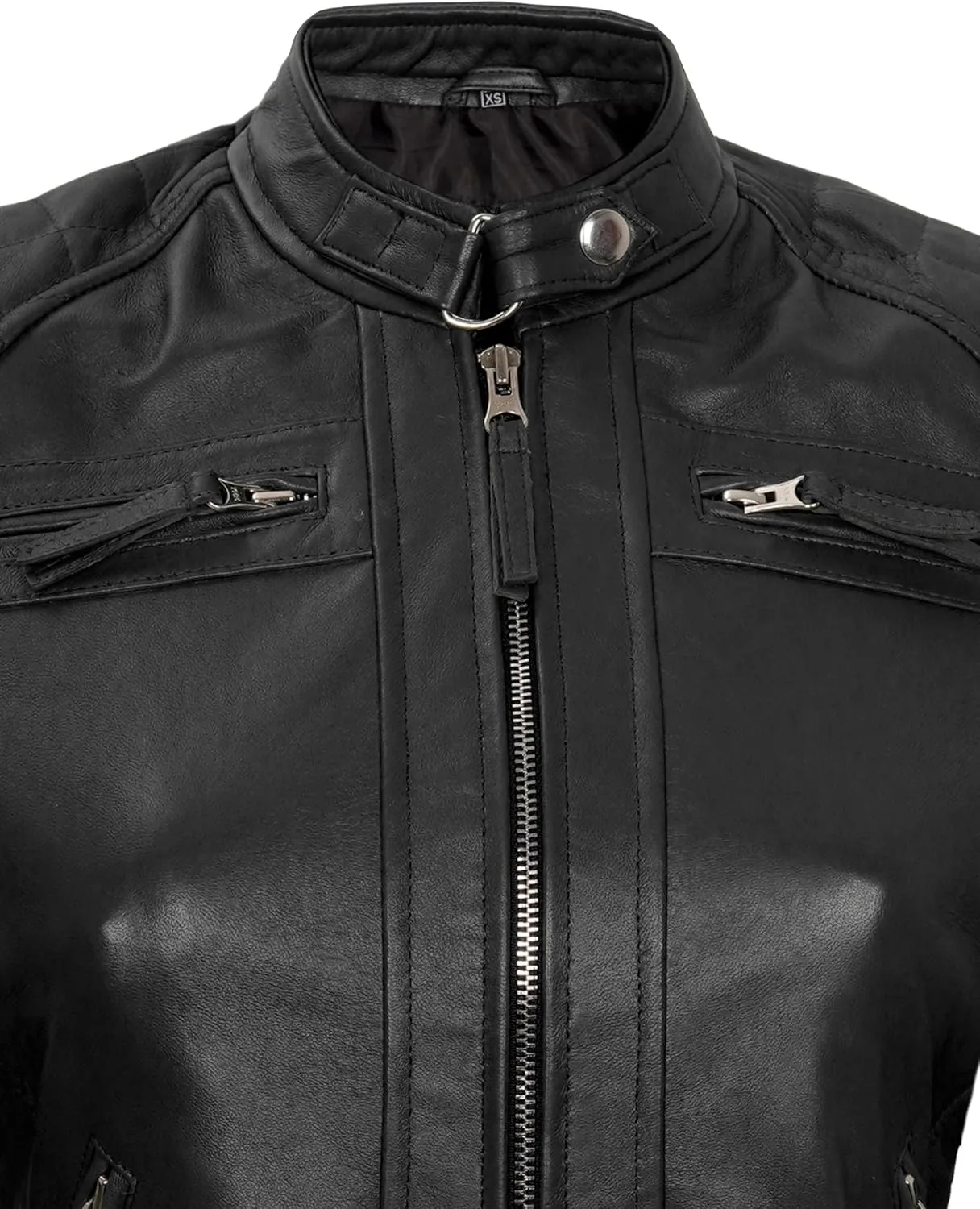 fjackets Real Leather Jacket Women - Cafe Racer Natural Grain Stand Collar Womens Leather Jackets