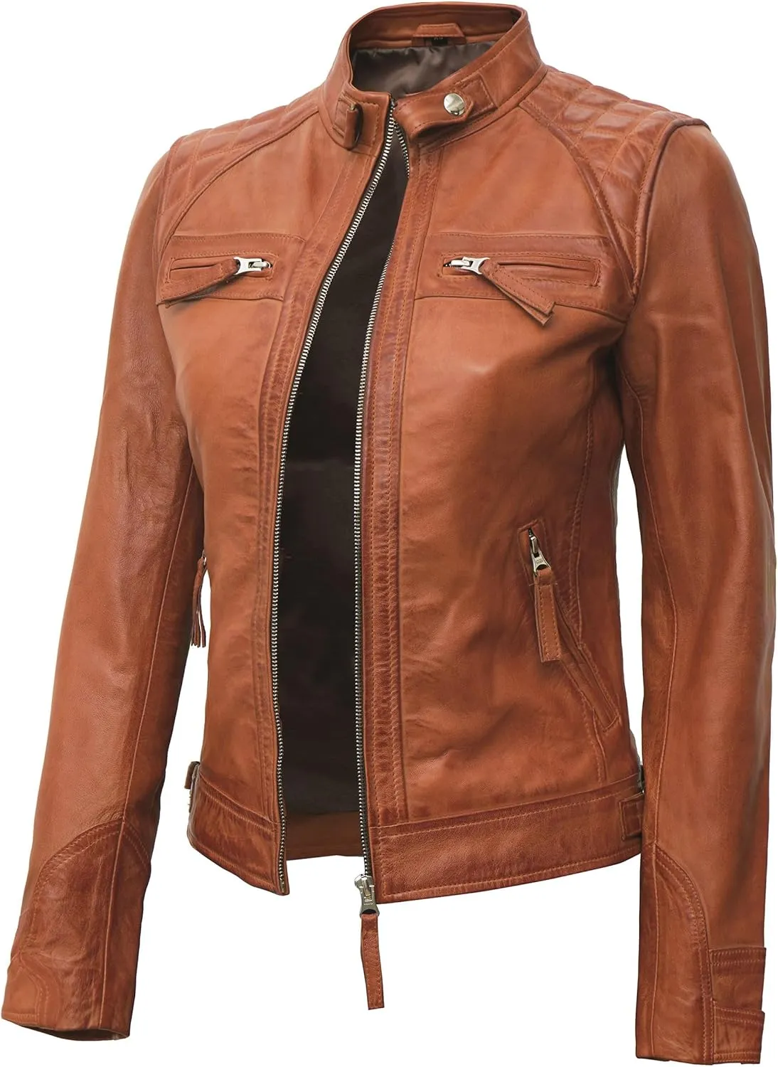 fjackets Real Leather Jacket Women - Cafe Racer Natural Grain Stand Collar Womens Leather Jackets