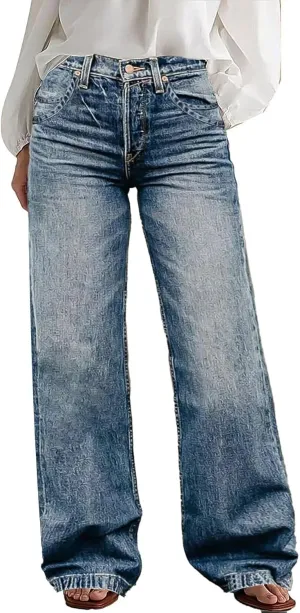 Flamingals Wide Leg Jeans for Women Mid Waist Baggy Stitch Decor Denim Washed Pants Without Belt Light Mid Blue Wash S