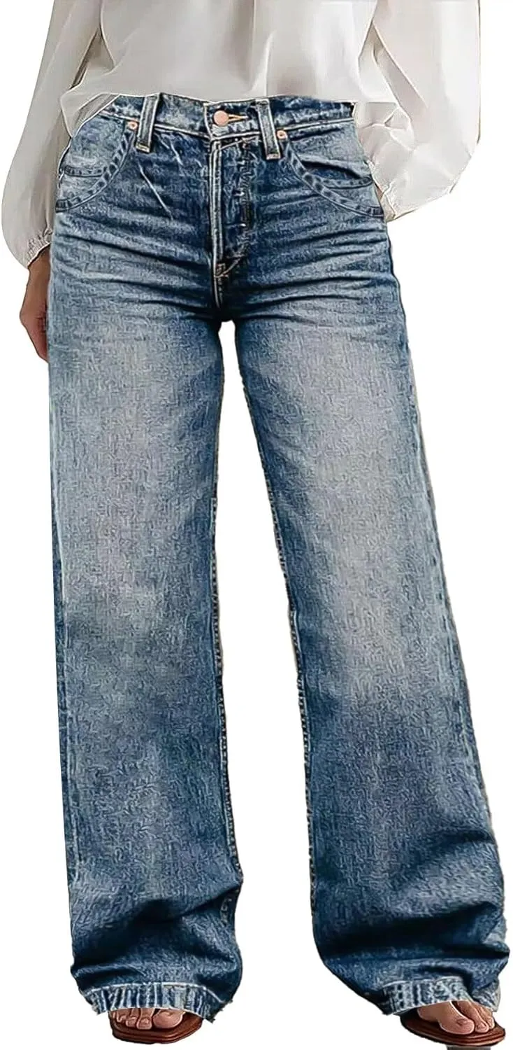 Flamingals Wide Leg Jeans for Women Mid Waist Baggy Stitch Decor Denim Washed Pants Without Belt Light Mid Blue Wash S